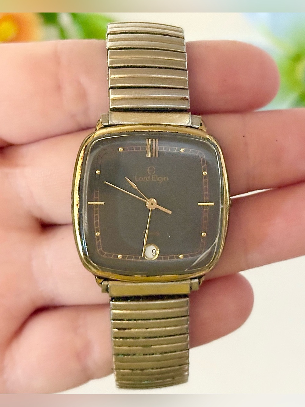 Vintage Lord Elgin Gold Square Expansion Stretch Band Day/Date Men’s Watch-Retro